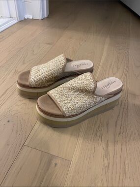 Naked Feet Beige Woven Platform Slide Mules